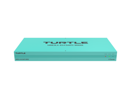 Turquoise elektronisch apparaat met het merk 'Turtle' op een witte achtergrond