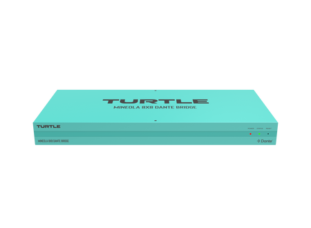 Turquoise elektronisch apparaat met het merk 'Turtle' op een witte achtergrond