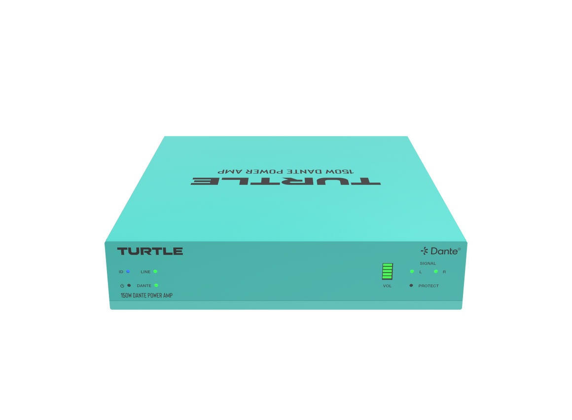 Turquoise elektronisch apparaat met het merk 'Turtle' op een witte achtergrond