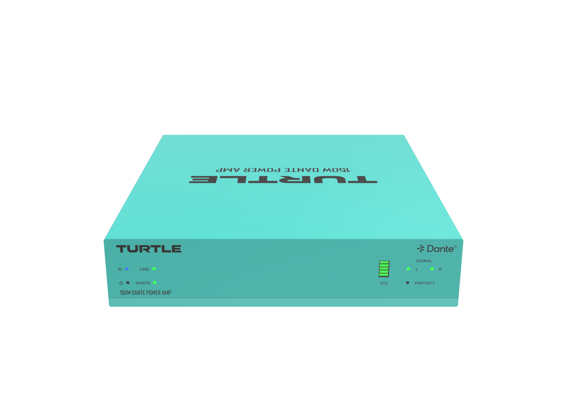Turquoise elektronisch apparaat met het merk 'Turtle' op een witte achtergrond
