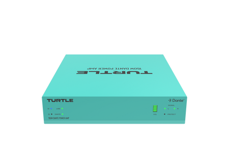 Turquoise elektronisch apparaat met het merk 'Turtle' op een witte achtergrond
