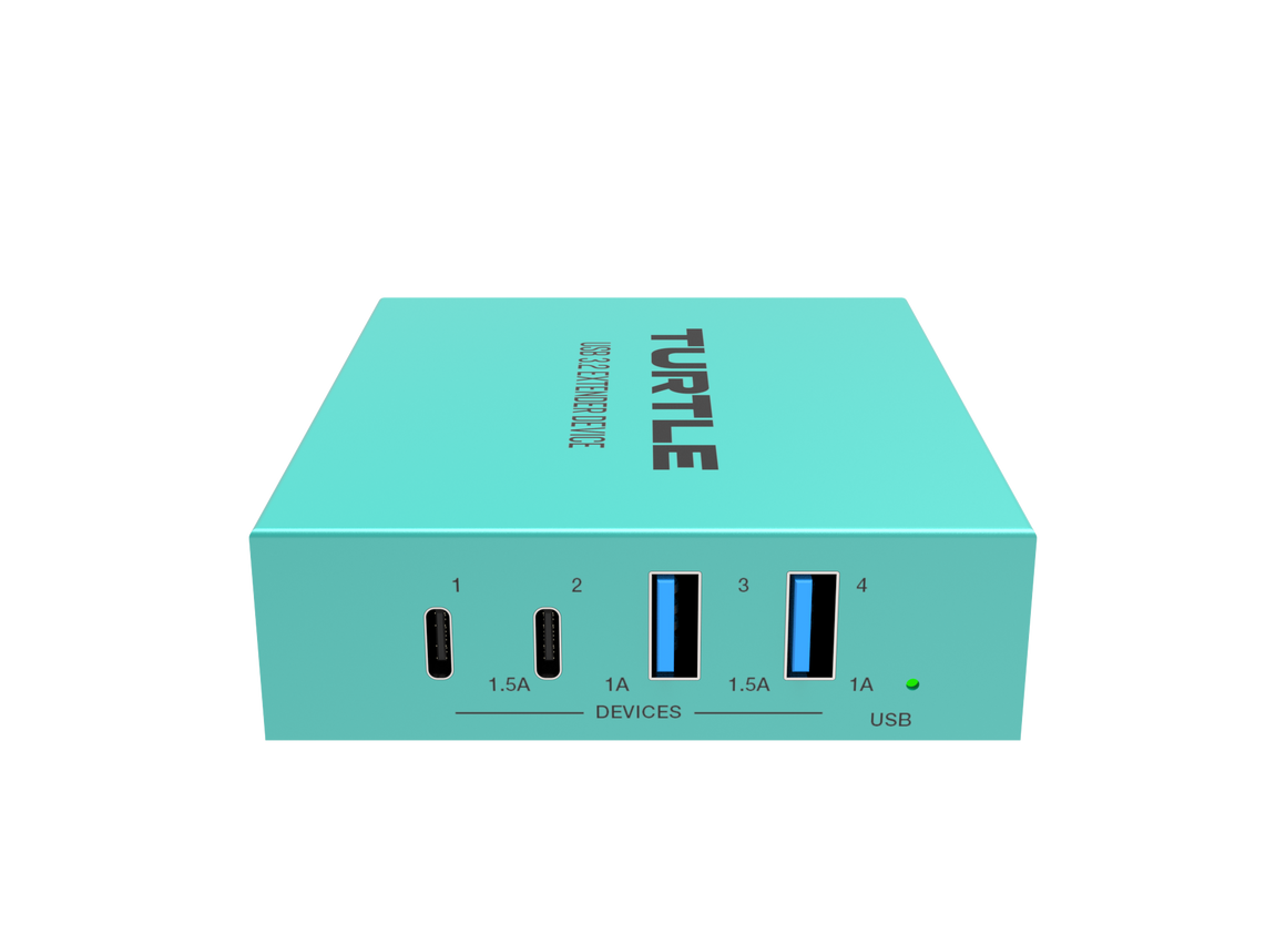 Turquoise USB-hub met meerdere poorten op een witte achtergrond