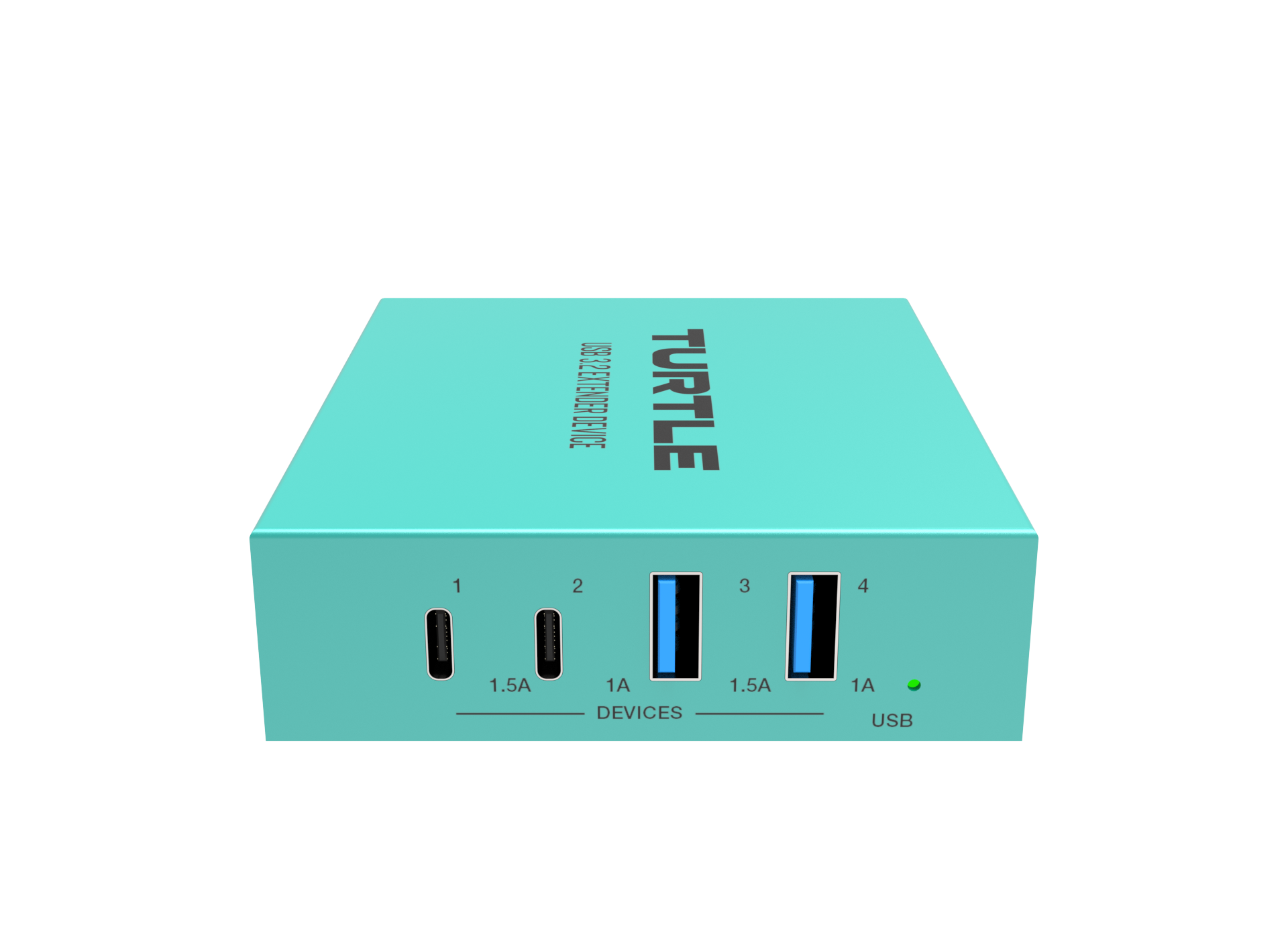Turquoise USB-hub met meerdere poorten op een witte achtergrond