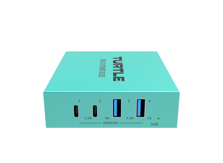 Turquoise USB-hub met meerdere poorten op een witte achtergrond