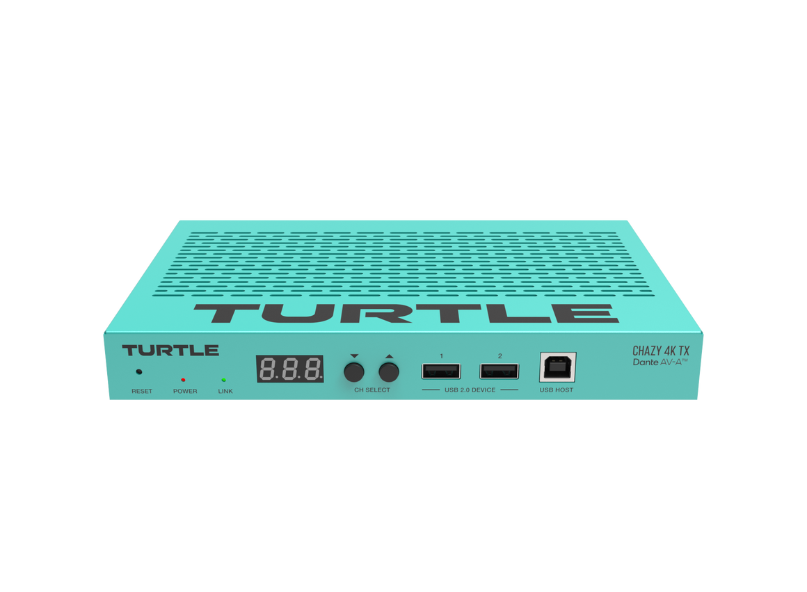Turquoise elektronisch apparaat met het merk 'TURTLE' op een witte achtergrond