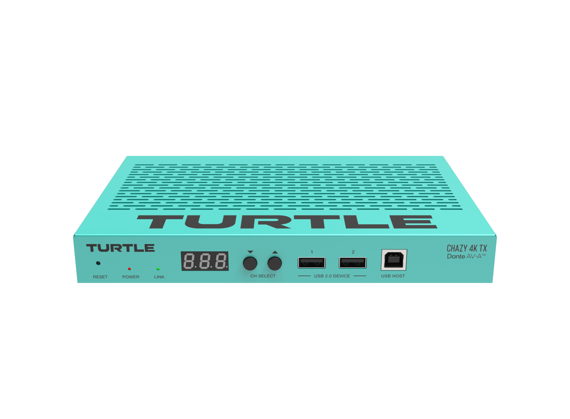 Turquoise elektronisch apparaat met het merk 'TURTLE' op een witte achtergrond