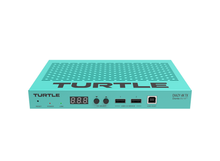 Turquoise elektronisch apparaat met het merk 'TURTLE' op een witte achtergrond