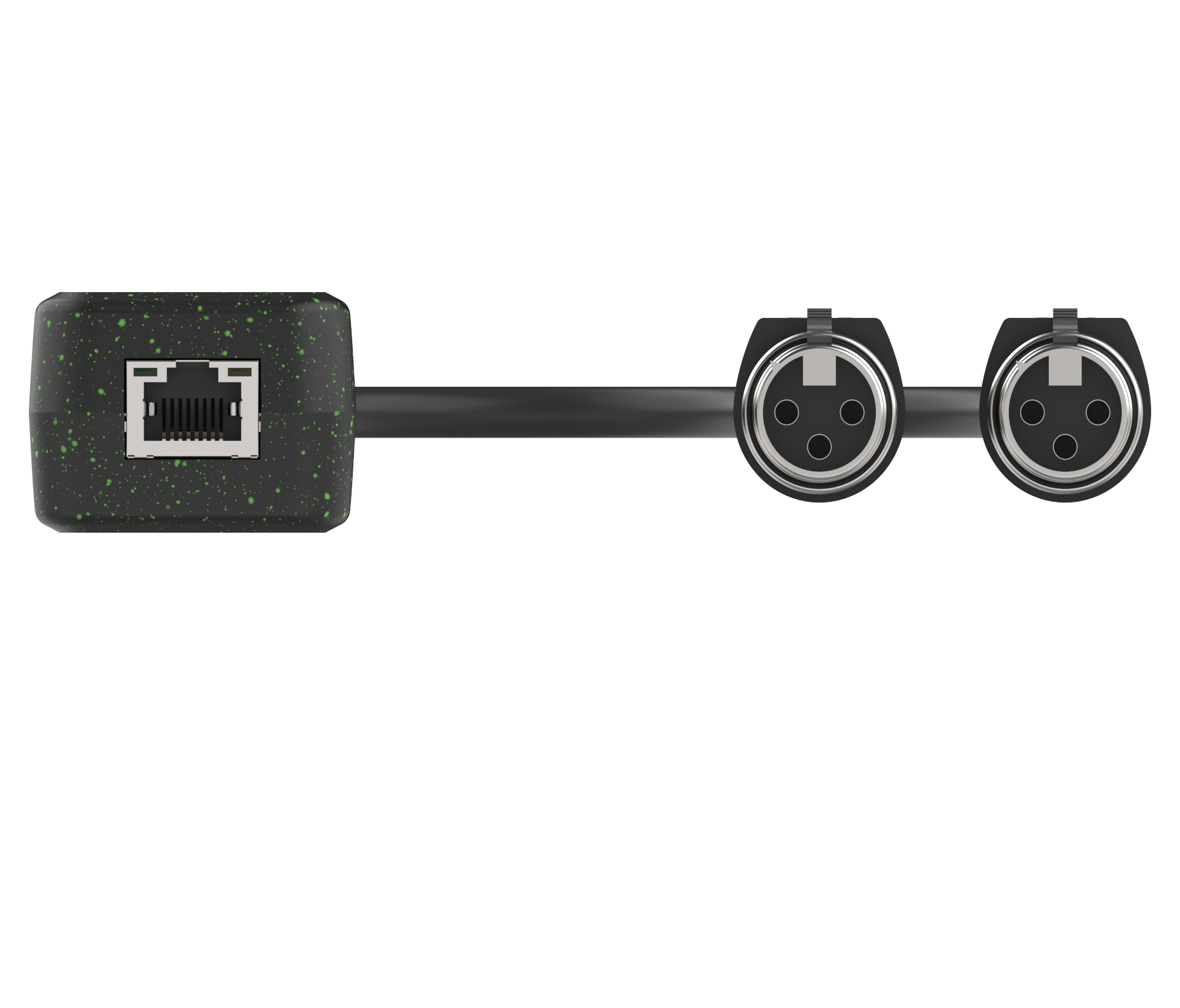 Zwarte audio-interface met Ethernet- en XLR-connectoren op een witte achtergrond