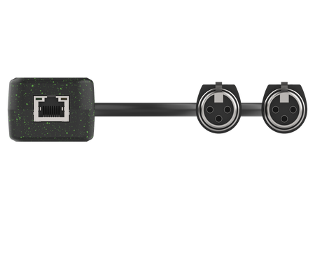 Zwarte audio-interface met Ethernet- en XLR-connectoren op een witte achtergrond