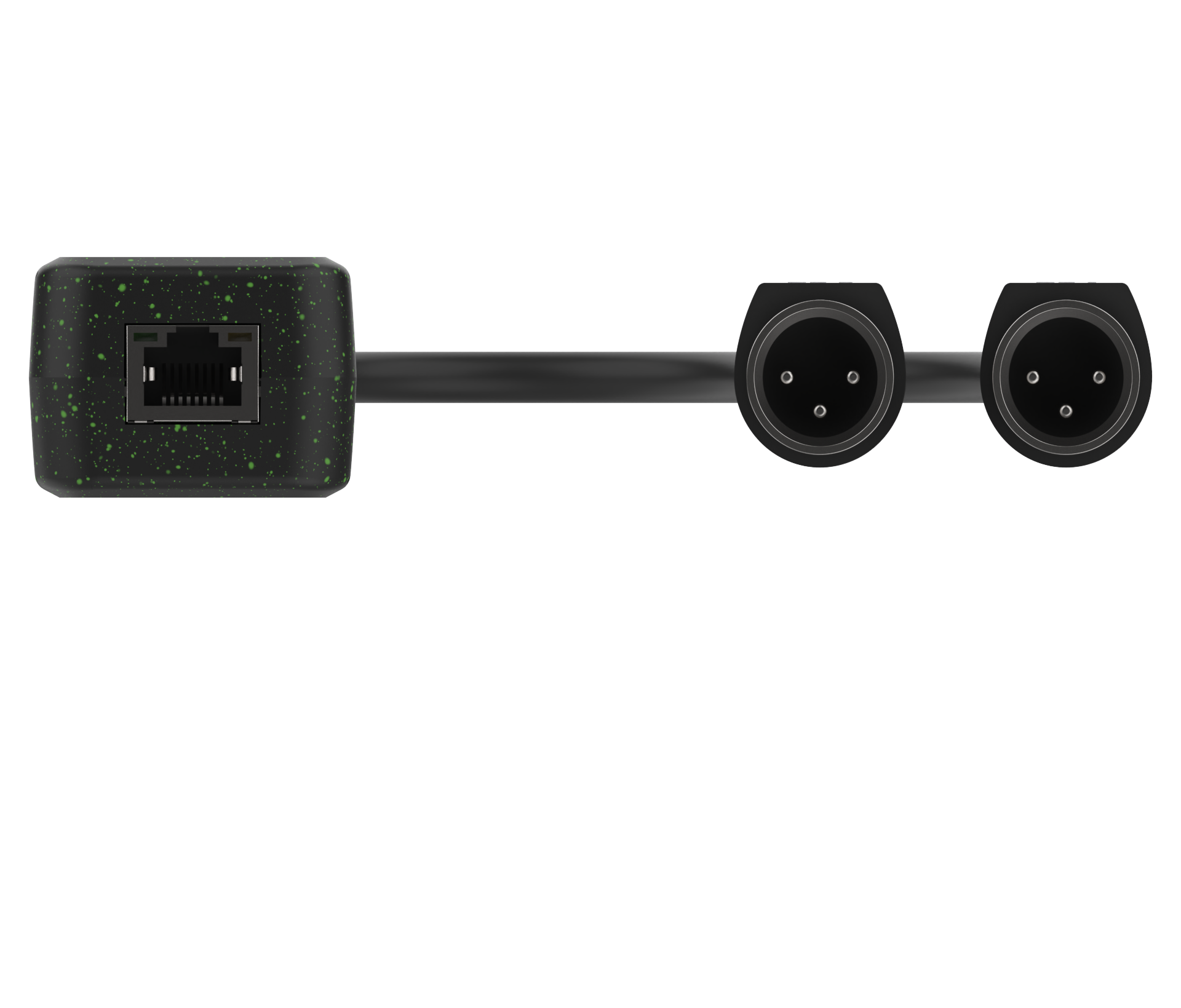 Zwarte audio-interface met Ethernet-poort en XLR-connectoren op een witte achtergrond