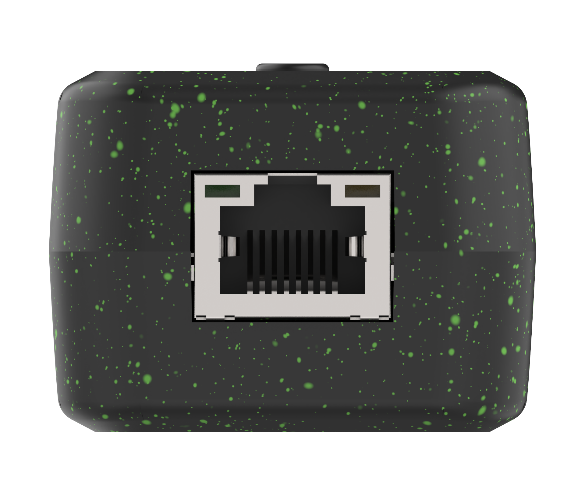 Zwarte elektronische module met groene spikkels en een Ethernet-poort op een witte achtergrond