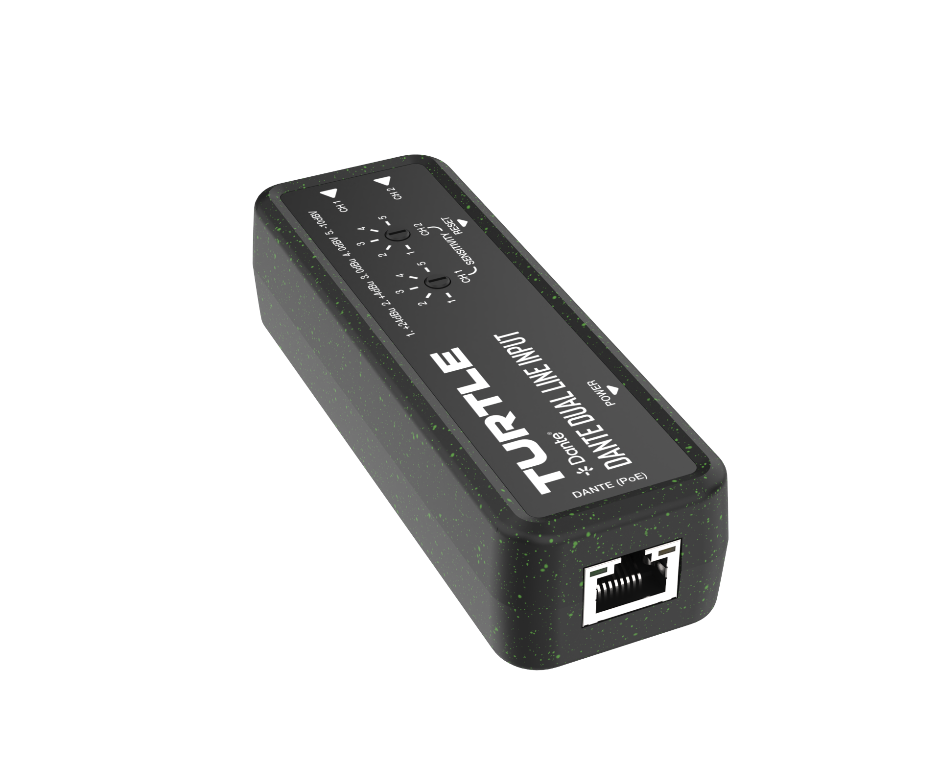 Zwarte audio-interface met 'Turtle'-logo op een witte achtergrond