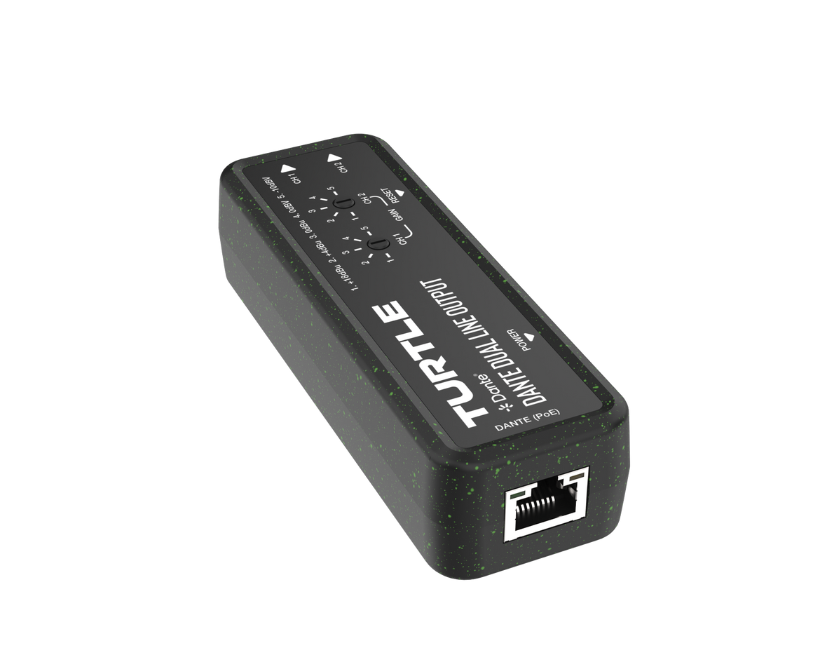 Zwarte audio-interface met 'Turtle'-logo op een witte achtergrond