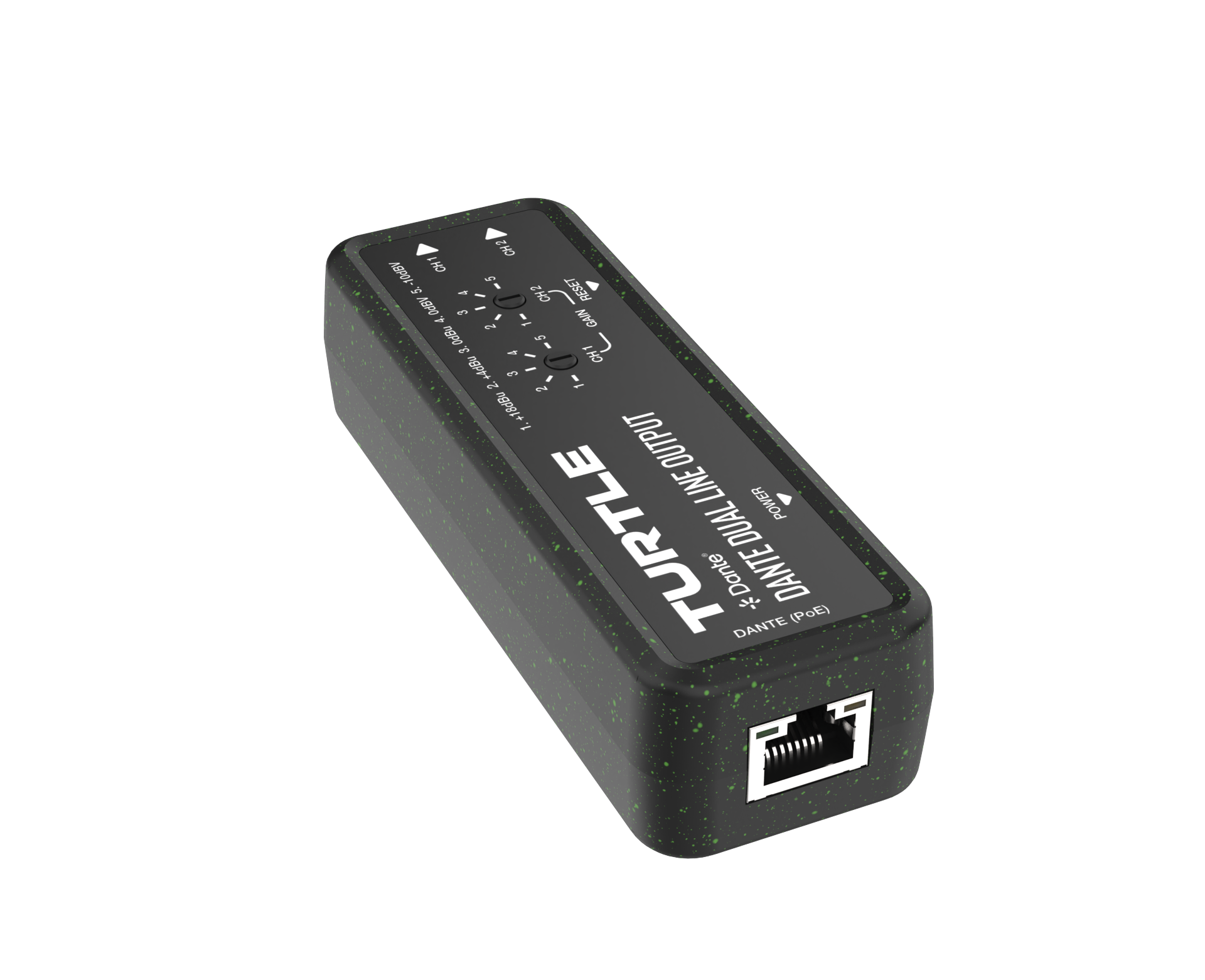 Zwarte audio-interface met 'Turtle'-logo op een witte achtergrond