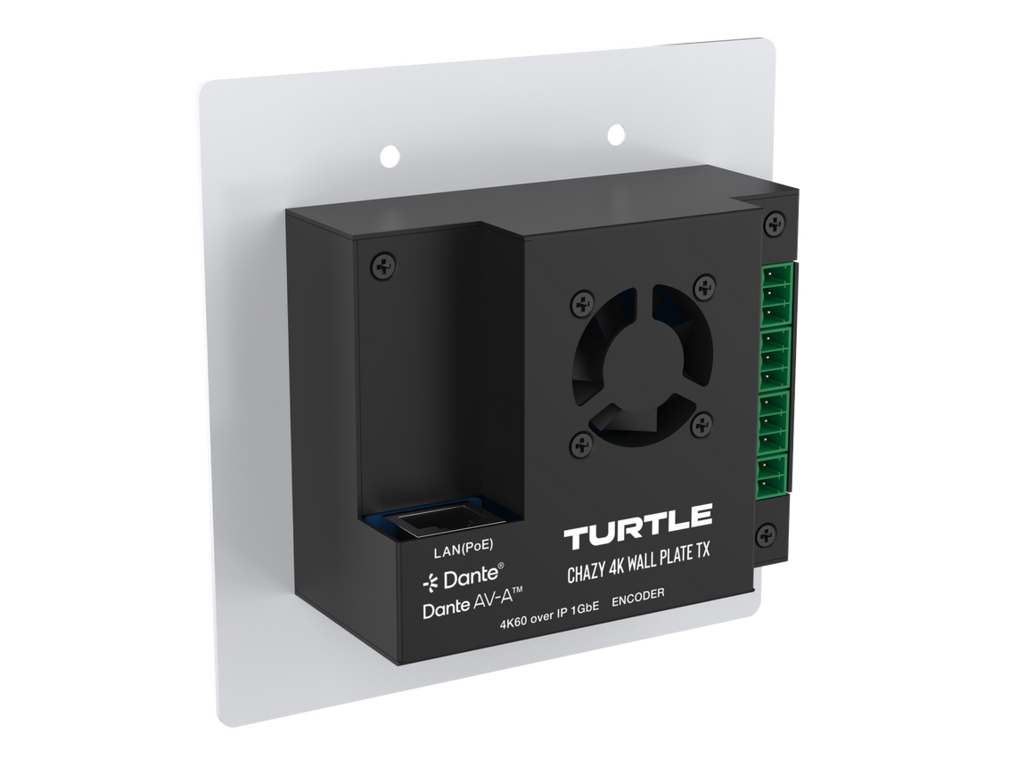 Turtle-audioapparaat met 'Dante'- en 'LANPUB'-logo op een witte achtergrond