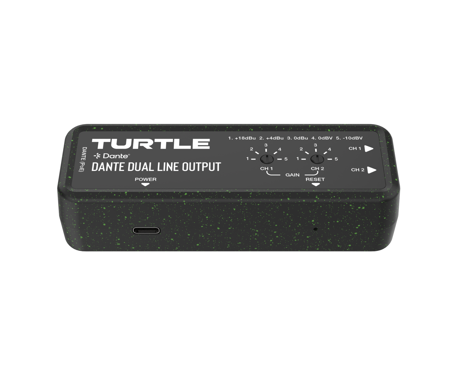 Turtle Dante dubbel lijnuitgangsapparaat op een witte achtergrond