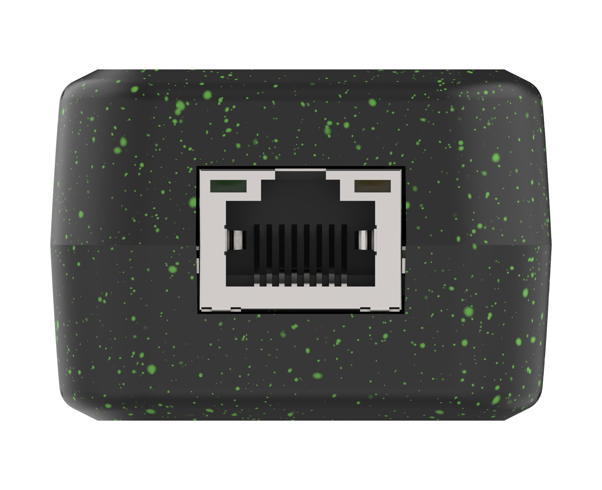 Zwarte elektronische module met groene spikkels met een Ethernet-poort op een witte achtergrond