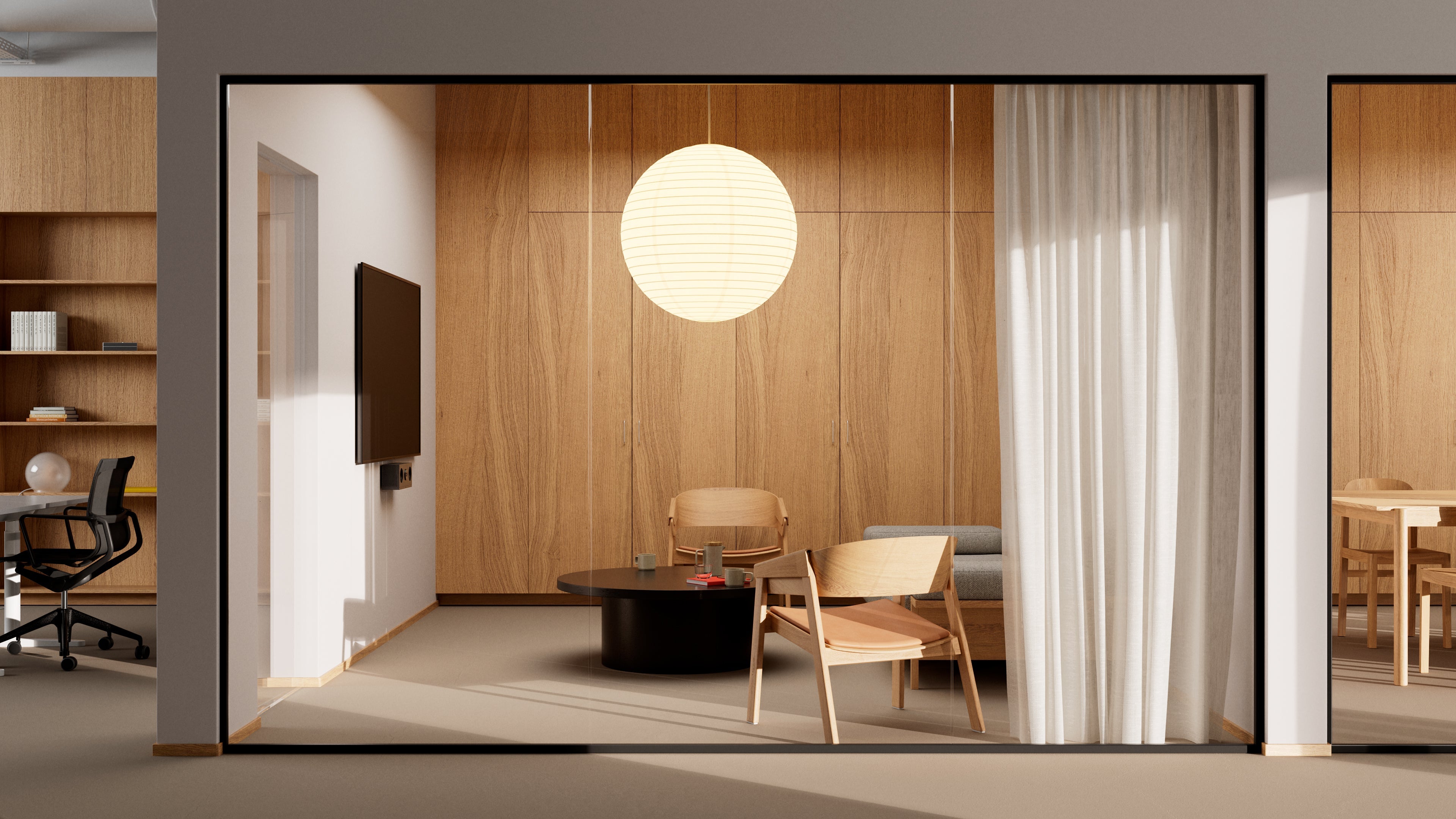 Modern kantoorinterieur met houten muren, een ronde lamp en kantoormeubilair met Huddly C1