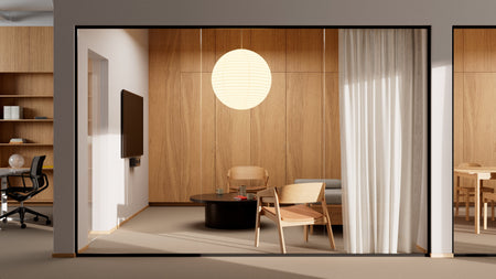 Modern kantoorinterieur met houten muren, een ronde lamp en kantoormeubilair met Huddly C1