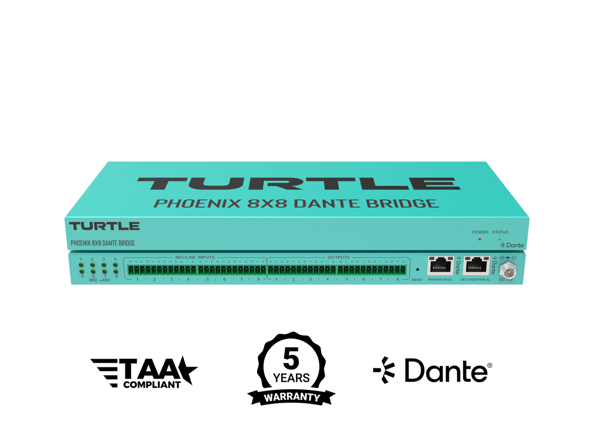 Turtle Phoenix 8x8 Dante Bridge op een witte achtergrond met certificeringslogo's.