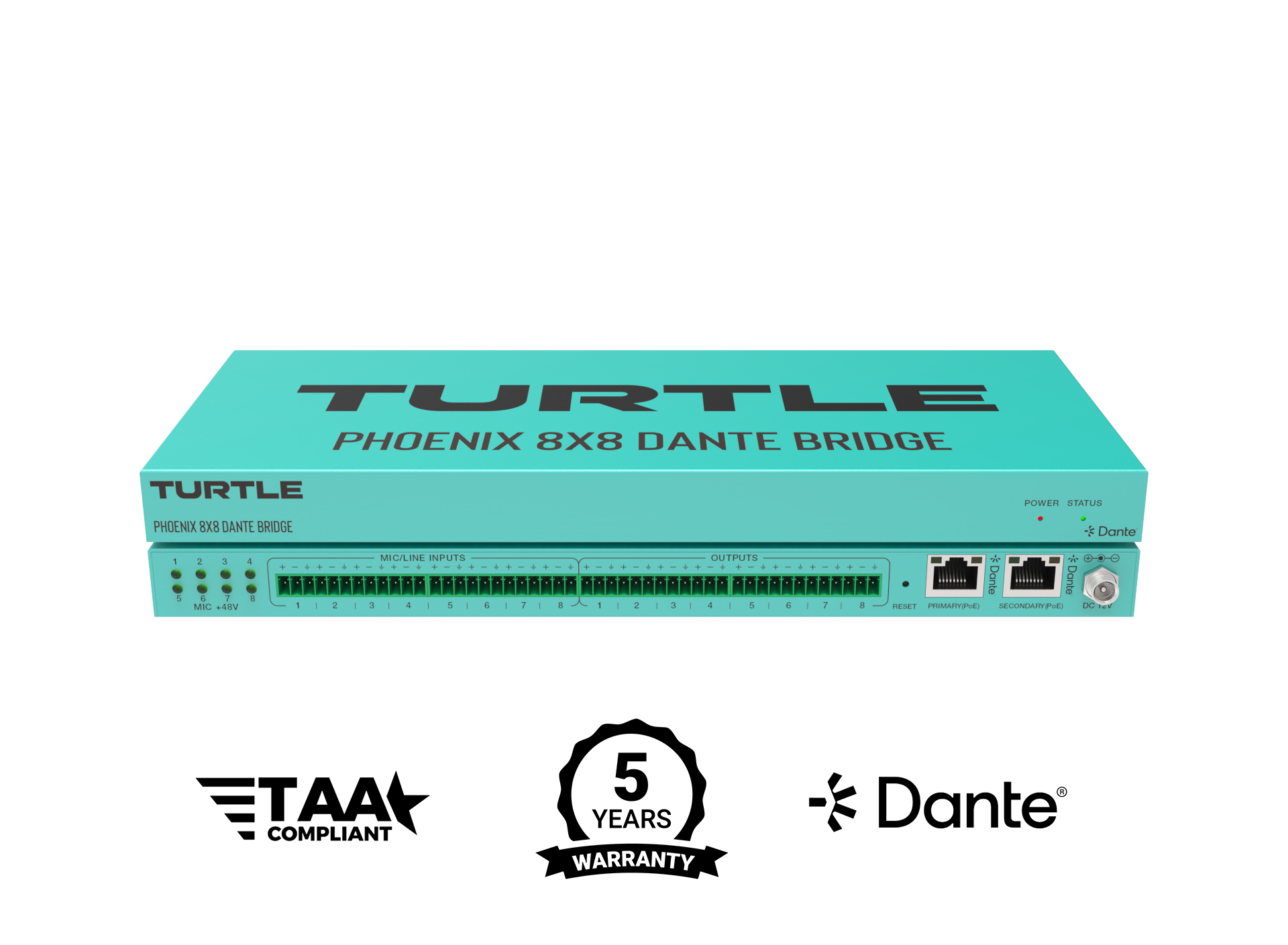 Turtle Phoenix 8x8 Dante Bridge op een witte achtergrond met certificeringslogo's.