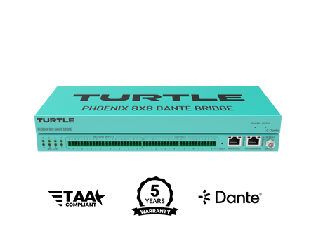 Turtle Phoenix 8x8 Dante Bridge op een witte achtergrond met certificeringslogo's.